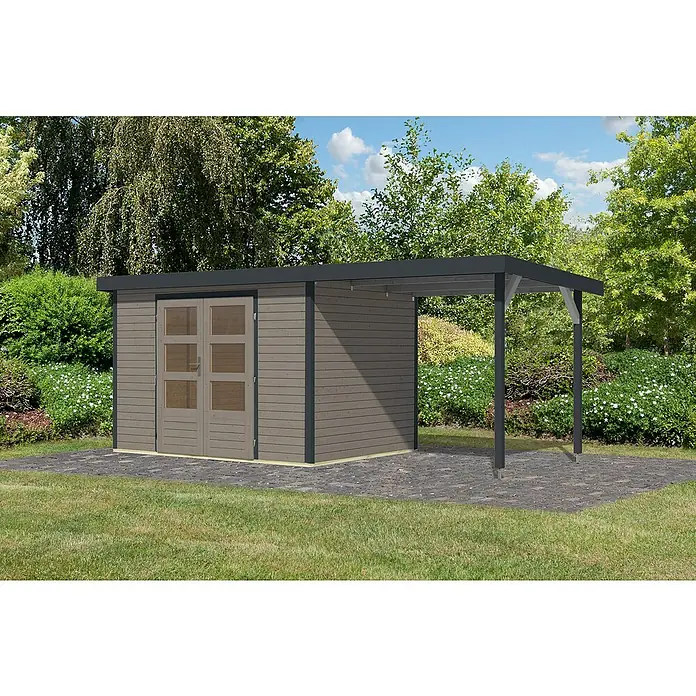 Karibu Gartenhaus Jupiter 4 D - Außenmaß inkl. Dachüberstand (B x T): 541,5 x 236,5 cm, Holz, Wassergrau/Anthrazit, Mit Seitendach - Ein modernes Gartenhaus mit einem Carport-Anbau, ideal für die Aufbewahrung von Gartengeräten und als Unterstand.