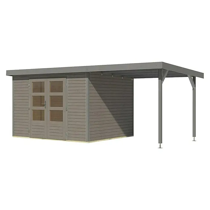 Karibu Gartenhaus Jupiter 5 D - Außenmaß inkl. Dachüberstand (B x T): 541,5 x 266,5 cm, Holz, Wassergrau/Grau, Mit Seitendach - Hölzernes Gartenhaus mit zwei Fenstertüren und einem Carport-Anbau für zusätzlichen Stauraum und Schutz vor Wettereinflüssen.