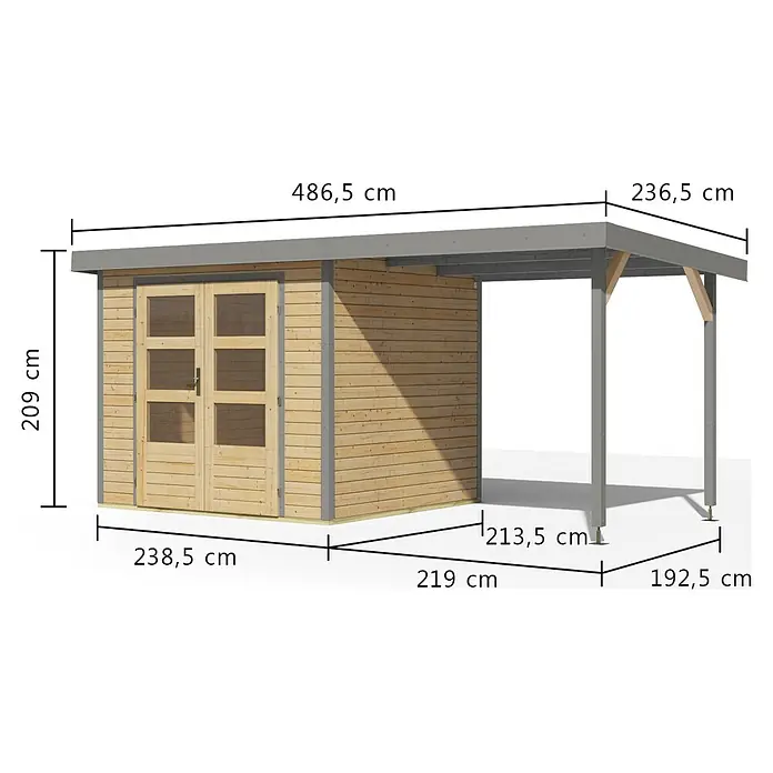 Karibu Gartenhaus Jupiter 3 A - Außenmaß inkl. Dachüberstand (B x T): 486,5 x 236,5 cm, Holz, Naturbelassen/Grau - Holzgartenhaus mit Doppeltür und angebautem grauem Carport.