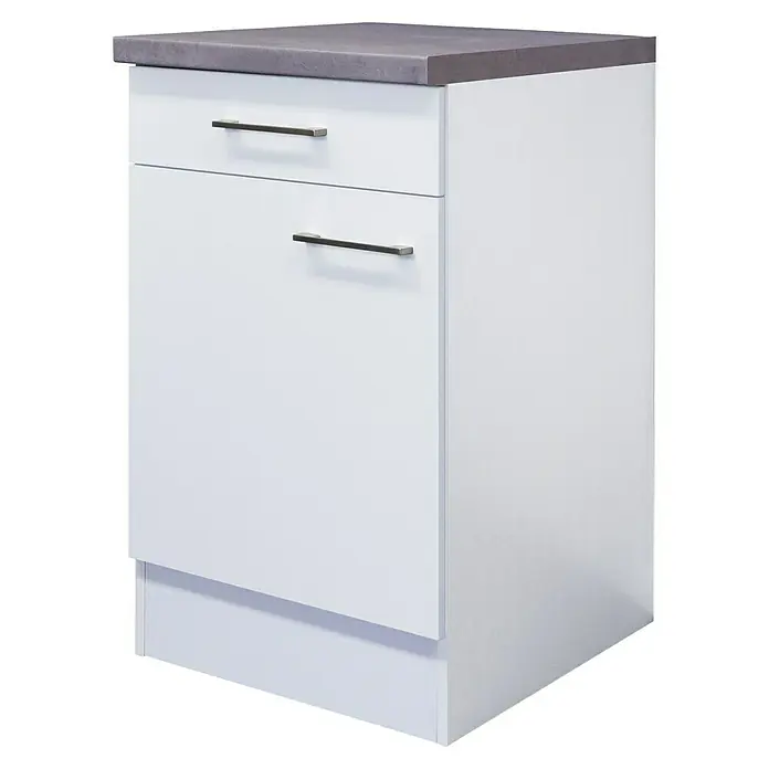 Flex-Well Rom  Küchen-Unterschrank - 60 x 50 x 86 cm, Weiß - Ein moderner Unterschrank in Weiß mit einer grauen Arbeitsplatte und zwei Schubladen mit Griffen. Ideal für Küche oder Bad.