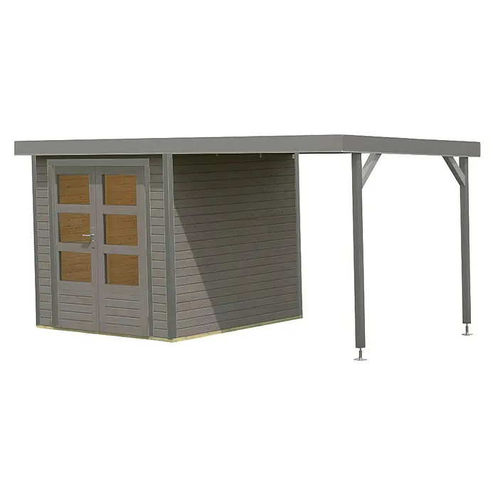 Karibu Gartenhaus Jupiter 2 D - Außenmaß inkl. Dachüberstand (B x T): 453 x 235 cm, Holz, Wassergrau - Ansicht eines modernen Gartenhauses mit Doppeltür und offenem Anbau, ideal für Gartenarbeit oder als stilvoller Rückzugsort im Freien.