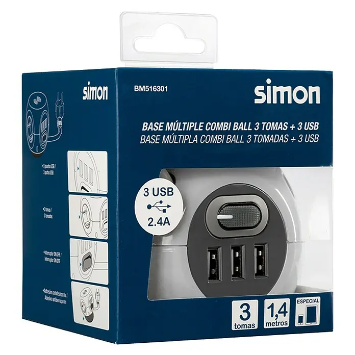 Simon Bola de enchufes con USB Combi Ball - x 3, Blanco, 1,4 m, IP20 - Una base múltiple Combi Ball de Simon con 3 tomas y 3 puertos USB en su embalaje original.