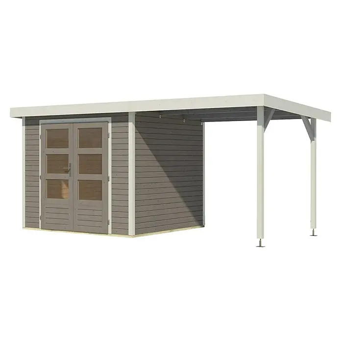 Karibu Gartenhaus Jupiter 3 D - Außenmaß inkl. Dachüberstand (B x T): 486,5 x 236,5 cm, Holz, Wassergrau/Weiß - Detailansicht eines Gartenhauses mit Doppeltür und einem überdachten Bereich, ideal für zusätzlichen Stauraum oder als Wetterschutz.