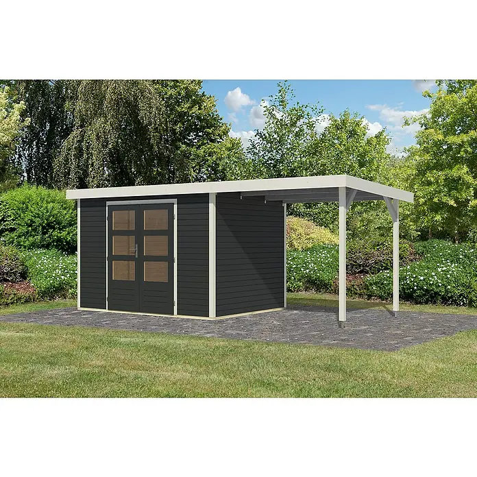 Karibu Gartenhaus Jupiter 4 C - Außenmaß inkl. Dachüberstand (B x T): 541,5 x 236,5 cm, Holz, Anthrazit/Weiß, Mit Seitendach - Ein modernes Gartenhaus mit Anbau, ideal zur Aufbewahrung und als Unterstand. Das Haus besticht durch sein schlichtes Design und die dunkle Farbgebung.