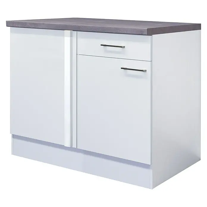 Flex-Well Rom  Eck-Unterschrank - 60 x 110 x 86 cm, Weiß - Küchenunterschrank mit Schublade und Tür in Weiß und grauer Arbeitsplatte. Praktisches und stilvolles Design für die Küche.