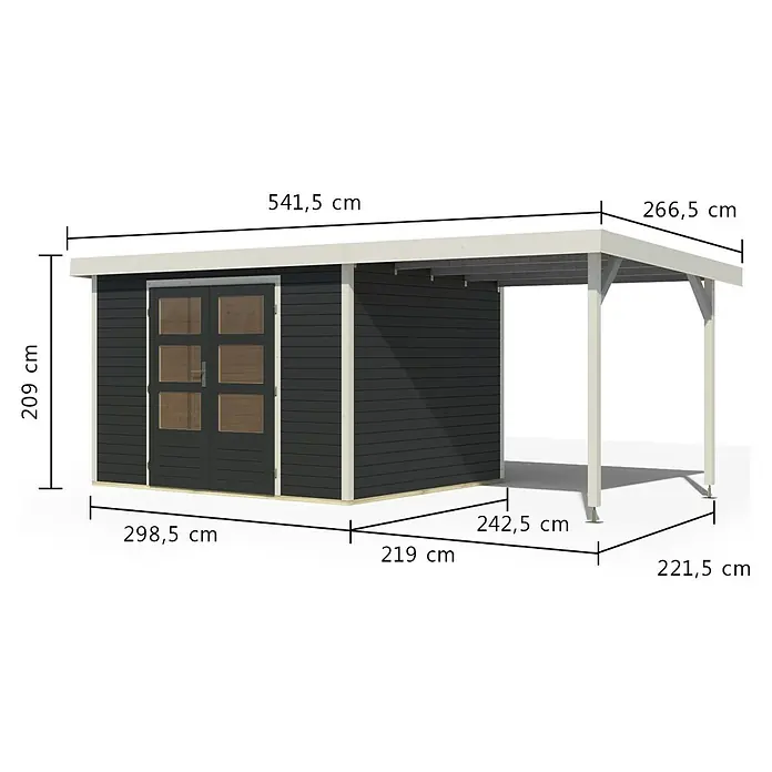 Karibu Gartenhaus Jupiter 5 C - Außenmaß inkl. Dachüberstand (B x T): 541,5 x 266,5 cm, Holz, Anthrazit/Weiß, Mit Seitendach - Dunkelgraues Gartenhaus mit hellgrauem Dach und integriertem Carport-Anbau.