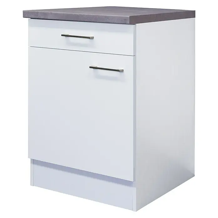 Flex-Well Rom  Küchen-Unterschrank - 60 x 60 x 86 cm, Weiß - Ein weißer Küchenunterschrank mit zwei Schubladen und einer grauen Arbeitsplatte ist abgebildet. Die Griffe sind aus Metall.