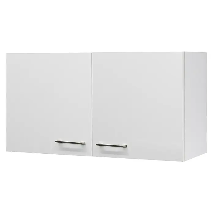 Flex-Well Rom  Singleküche - Breite: 210 cm, Weiß, Mit 2-Platten-Kochfeld & Mikrowelle - Zwei weiße, hängende Küchenschränke mit minimalistischen, grauen Griffen, die modernes Küchendesign und praktische Aufbewahrungslösungen verbinden.