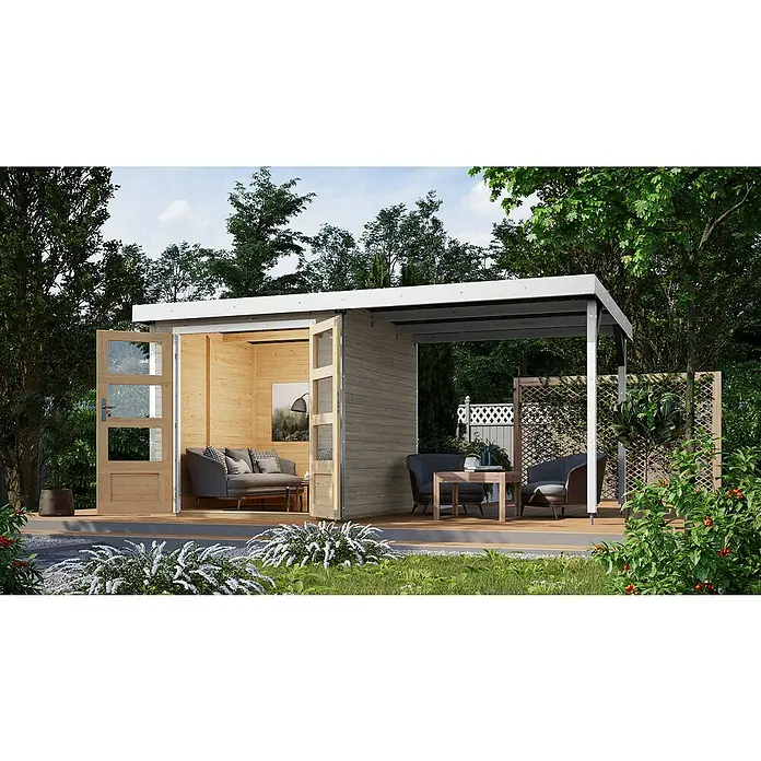 Karibu Gartenhaus Jupiter 2 D - Außenmaß inkl. Dachüberstand (B x T): 453 x 235 cm, Holz, Wassergrau/Weiß - Modernes Gartenhaus mit offenem Anbau, einladend gestaltet mit Lounge-Möbeln und viel Grün, ideal für entspannte Stunden im Freien.