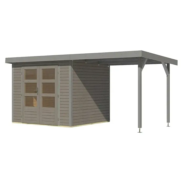 Karibu Gartenhaus Jupiter 3 D - Außenmaß inkl. Dachüberstand (B x T): 486,5 x 236,5 cm, Holz, Wassergrau/Grau - Ein gemütlicher, grauer Holzgartenpavillon mit Doppeltüren und einem überdachten Außenbereich, ideal zum Entspannen im Freien.