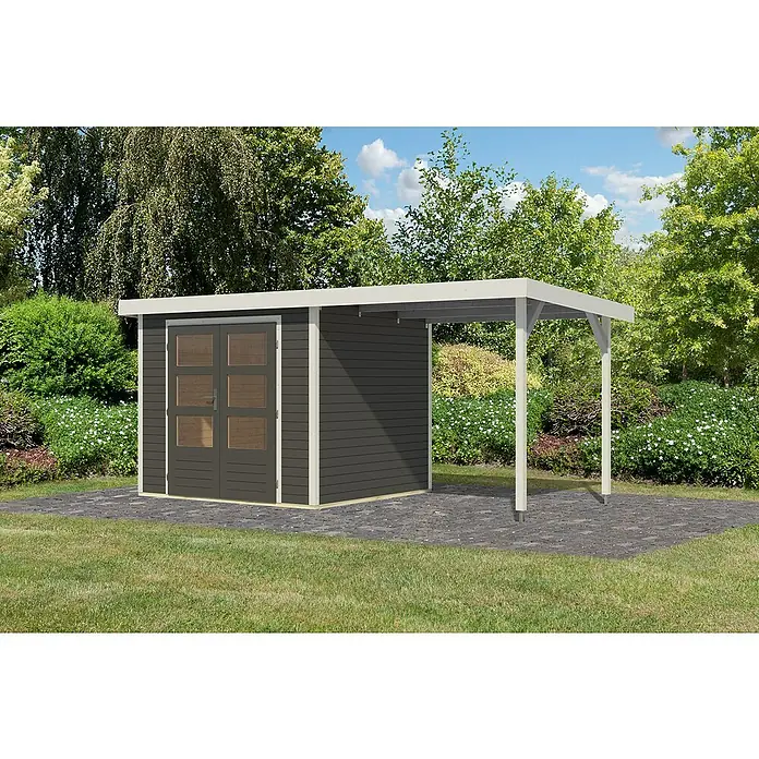 Karibu Gartenhaus Jupiter 3 B - Außenmaß inkl. Dachüberstand (B x T): 486,5 x 236,5 cm, Holz, Terragrau/Weiß - Abbildung eines modernen Gartenhauses mit praktischem Anbau. Das Haus präsentiert sich mit einer stilvollen Fassade und Doppeltüranlage, perfekt für jeden Garten.