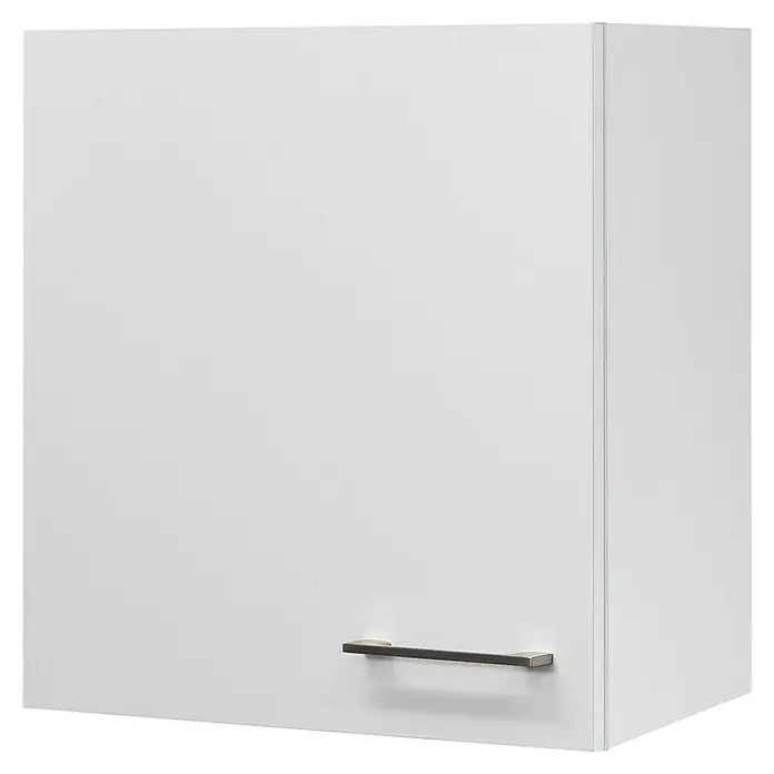 Flex-Well Rom  Singleküche - Breite: 210 cm, Weiß, Mit 2-Platten-Kochfeld & Mikrowelle - Ein modernes, weißes Wandschrankelement mit einem eleganten, silbernen Griff für ein stilvolles Küchendesign.
