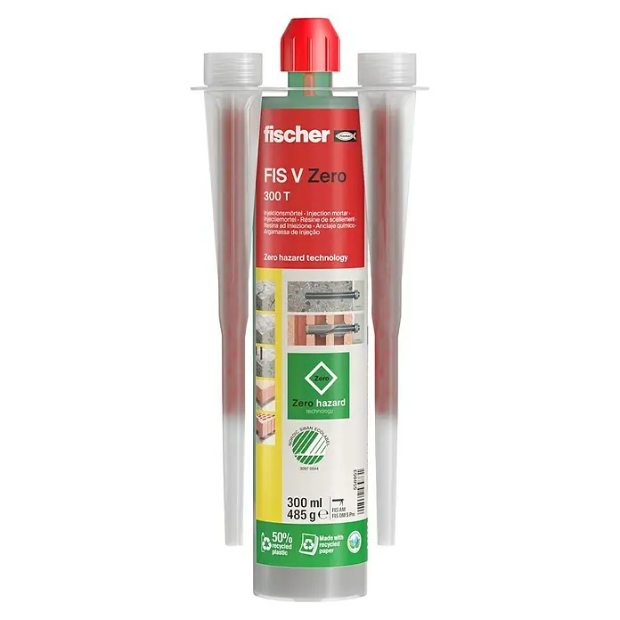 Fischer Montagemörtel FIS V ZERO 300 T - 300 ml, Grau - Rote und grüne fischer FIS V Zero Injektionsmörtelkartusche mit zwei klaren Mischdüsen.