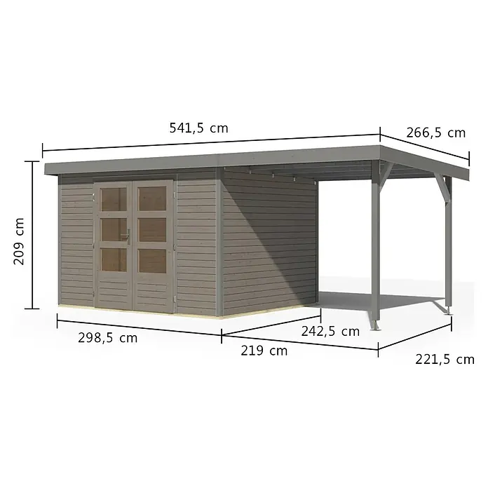 Karibu Gartenhaus Jupiter 5 D - Außenmaß inkl. Dachüberstand (B x T): 541,5 x 266,5 cm, Holz, Wassergrau/Grau, Mit Seitendach - Graues Holzgartenhaus mit integriertem Carport und Maßen.