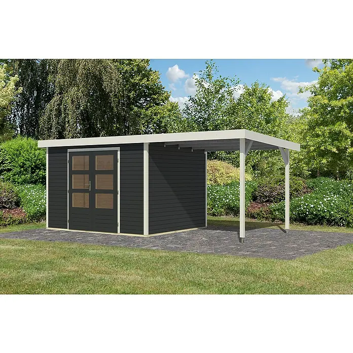 Karibu Gartenhaus Jupiter 5 C - Außenmaß inkl. Dachüberstand (B x T): 541,5 x 266,5 cm, Holz, Anthrazit/Weiß, Mit Seitendach - Ein modernes Gartenhaus mit integriertem Carport, ideal zur Aufbewahrung und als Unterstand für Ihr Auto oder Gartenmöbel.