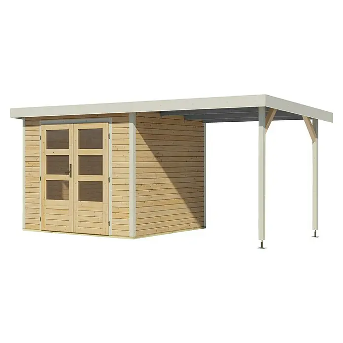 Karibu Gartenhaus Jupiter 3 A - Außenmaß inkl. Dachüberstand (B x T): 486,5 x 236,5 cm, Holz, Naturbelassen/Weiß - Abbildung eines Holzgartenhauses mit Carport-Anbau, ideal als Lagerraum oder zur Überdachung im Garten.