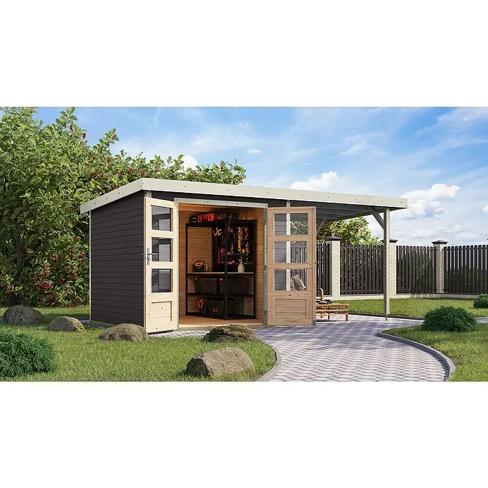 Karibu Gartenhaus Jupiter 3,5 B - Außenmaß inkl. Dachüberstand (B x T): 486,5 x 266,5 cm, Holz, Terragrau/Weiß, Mit Seitendach - Abgebildeter Holzschuppen mit geöffneten Glastüren und Überdachung, der vielseitigen Stauraum und Wetterschutz bietet.