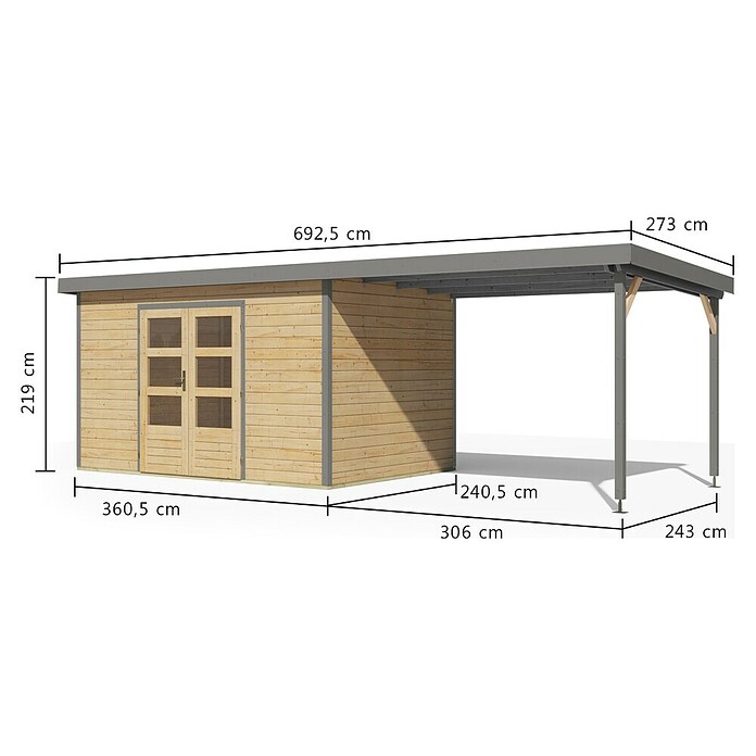 Karibu Gartenhaus Pluto 7 A (Außenmaß inkl. Dachüberstand (B x T): 692,5 x 273 cm, Holz, Naturbelassen/Grau) | BAUHAUS