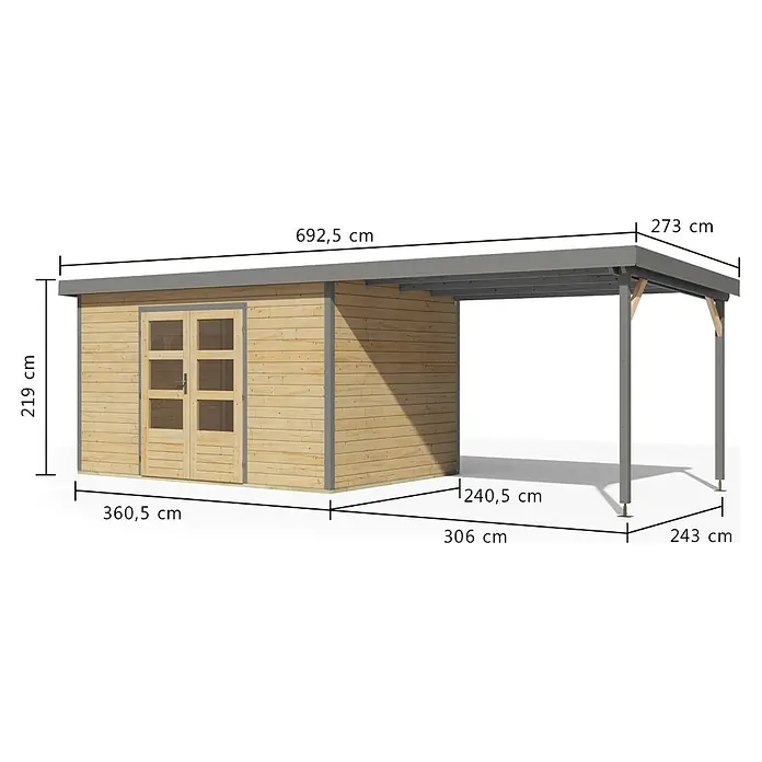 Karibu Gartenhaus Pluto 7 A - Außenmaß inkl. Dachüberstand (B x T): 692,5 x 273 cm, Holz, Naturbelassen/Grau - Gartenhaus aus hellem Holz mit Doppeltüren und grauem Carport. Gesamt L 692,5 cm x B 273 cm x H 219 cm.