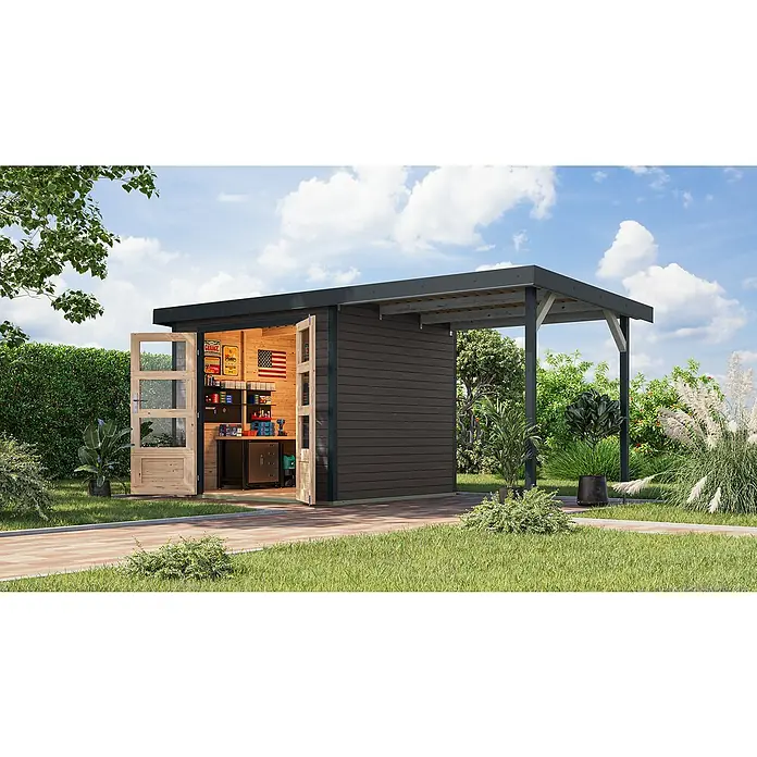 Karibu Gartenhaus Jupiter 3 B - Außenmaß inkl. Dachüberstand (B x T): 486,5 x 236,5 cm, Holz, Terragrau/Anthrazit - Abbildung eines modernen Gartenhauses mit offenstehenden Holztüren, Werkbank und Carport-Anbau vor grünem Gartenhintergrund.
