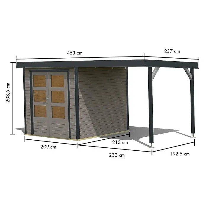 Karibu Gartenhaus Jupiter 2 D - Außenmaß inkl. Dachüberstand (B x T): 453 x 235 cm, Holz, Wassergrau/Anthrazit - Hölzerner Gartenschuppen mit angebautem dunkelgrauem Carport. Doppeltüren und stabile Stützpfosten.