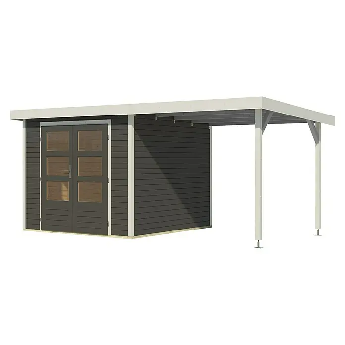 Karibu Gartenhaus Jupiter 3,5 B - Außenmaß inkl. Dachüberstand (B x T): 486,5 x 266,5 cm, Holz, Terragrau/Weiß, Mit Seitendach - Ein modernes Gartenhaus mit Doppeltür und einem offenen Carportbereich, ideal für die Aufbewahrung und als Unterstand.