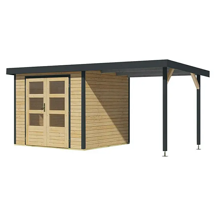 Karibu Gartenhaus Jupiter 3 A - Außenmaß inkl. Dachüberstand (B x T): 486,5 x 236,5 cm, Holz, Naturbelassen/Anthrazit - Abbildung eines Holzgartenschuppens mit einem angrenzenden Unterstand, ideal für die Lagerung im Freien und zum Schutz vor Witterungseinflüssen.