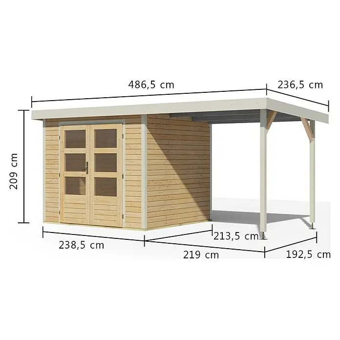 Karibu Gartenhaus Jupiter 3 A - Außenmaß inkl. Dachüberstand (B x T): 486,5 x 236,5 cm, Holz, Naturbelassen/Weiß - Gartenhaus aus Naturholz mit Doppeltür und angebautem hellem Carport, bietet Stauraum und Unterstand.
