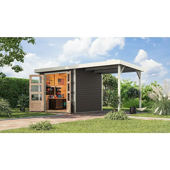Karibu Gartenhaus Jupiter 3 B - Außenmaß inkl. Dachüberstand (B x T): 486,5 x 236,5 cm, Holz, Terragrau/Weiß - Ein modernes Gartenhaus mit offenem Carport-Bereich, ideal für Hobbyarbeiten und Entspannung im Freien mit viel Tageslicht.