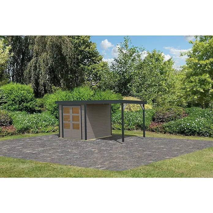 Karibu Gartenhaus Jupiter 2 D - Außenmaß inkl. Dachüberstand (B x T): 453 x 235 cm, Holz, Wassergrau/Anthrazit - Abbildung eines Gartenhauses mit einer grauen Tür und einem schwarzen Vordach auf einer gepflasterten Fläche im Garten.