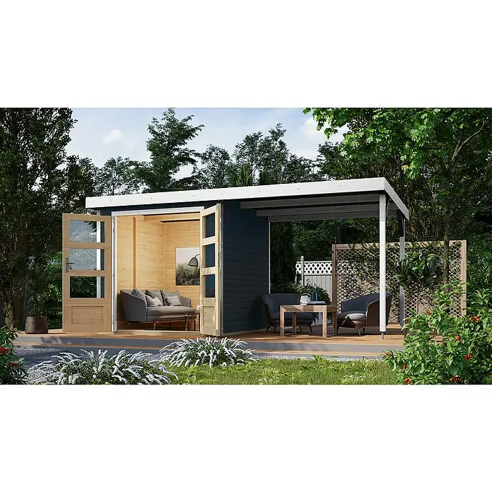 Karibu Gartenhaus Jupiter 2 C - Außenmaß inkl. Dachüberstand (B x T): 453 x 235 cm, Holz, Anthrazit/Weiß - Holzgartenhaus mit großem Terrassenbereich, ideal zum Entspannen und Genießen im Freien.