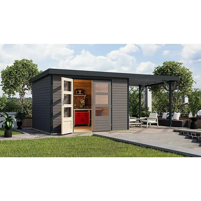Karibu Gartenhaus Jupiter 5 B - Außenmaß inkl. Dachüberstand (B x T): 541,5 x 266,5 cm, Holz, Terragrau/Anthrazit, Mit Seitendach - Diese Aufnahme zeigt ein Gartenhaus mit Werkstatt und überdachter Terrasse, ideal für Gartenarbeit und Entspannung im Freien.