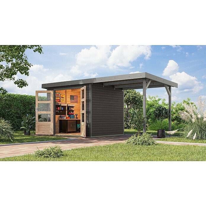 Karibu Gartenhaus Jupiter 3 B (Außenmaß inkl. Dachüberstand (B x T): 486,5 x 236,5 cm, Holz, Terragrau/Grau) | BAUHAUS