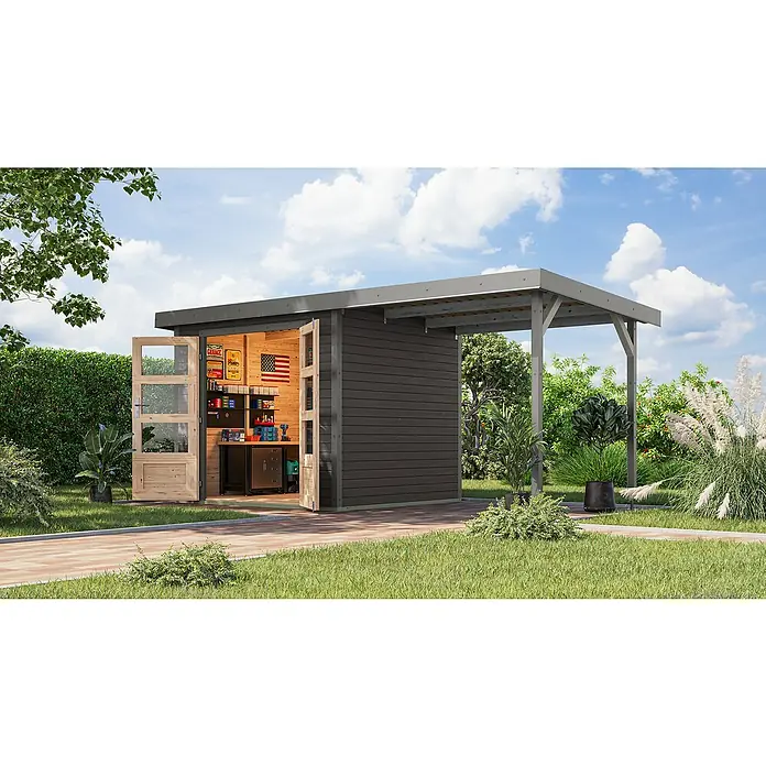 Karibu Gartenhaus Jupiter 3 B - Außenmaß inkl. Dachüberstand (B x T): 486,5 x 236,5 cm, Holz, Terragrau/Grau - Das Bild zeigt ein modernes Gartenhaus mit offen stehenden Türen, das einen Blick auf den Werkbereich mit Werkzeugen und Dekorationen freigibt.