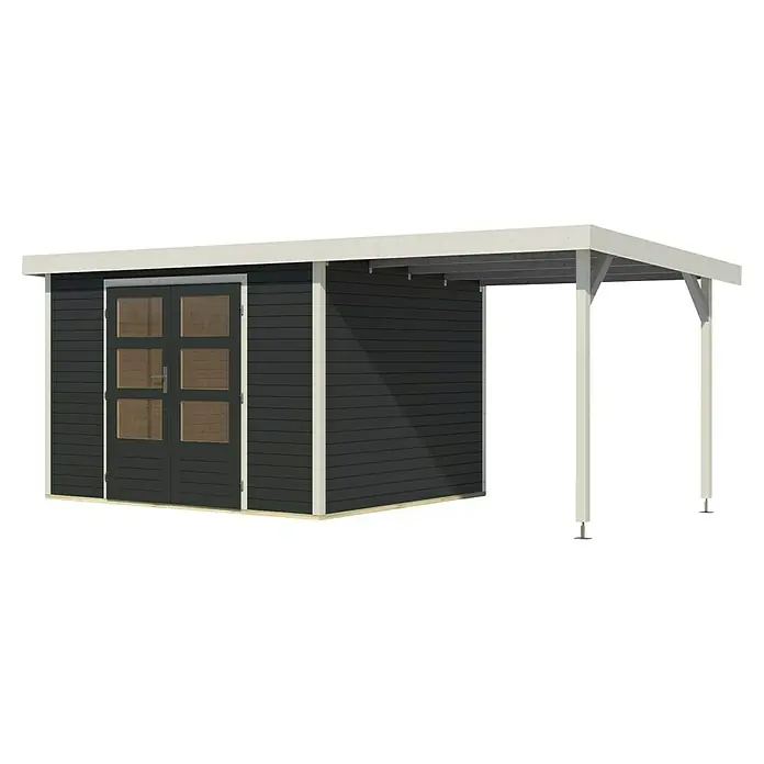 Karibu Gartenhaus Jupiter 5 C - Außenmaß inkl. Dachüberstand (B x T): 541,5 x 266,5 cm, Holz, Anthrazit/Weiß, Mit Seitendach - Abbildung eines modernen Gartenhauses mit Doppeltür und angrenzendem Carport, ideal für Gartenliebhaber.