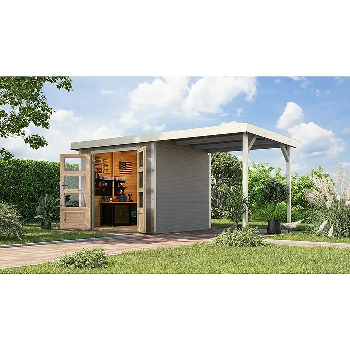 Karibu Gartenhaus Jupiter 3 D - Außenmaß inkl. Dachüberstand (B x T): 486,5 x 236,5 cm, Holz, Wassergrau/Weiß - Geräumiges Gartenhaus mit Carport und offenen Holztüren, ideal für Werkstatt und Lagerung im Außenbereich.