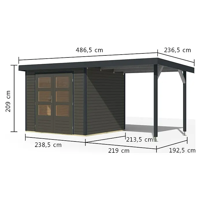 Karibu Gartenhaus Jupiter 3 B - Außenmaß inkl. Dachüberstand (B x T): 486,5 x 236,5 cm, Holz, Terragrau/Anthrazit - Dunkelgrauer Holz-Gartenschuppen mit Doppeltüren und angebautem offenem Carport.