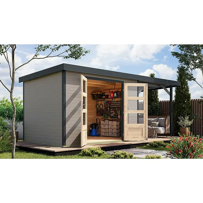 Karibu Gartenhaus Jupiter 4 D - Außenmaß inkl. Dachüberstand (B x T): 541,5 x 236,5 cm, Holz, Wassergrau/Anthrazit, Mit Seitendach - Ein modernes Gartenhaus mit offenen Doppeltüren, das einen Einblick in den Werkzeugbereich und den Außenbereich mit Sitzgelegenheiten gewährt.