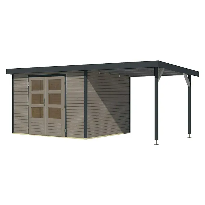 Karibu Gartenhaus Jupiter 5 D - Außenmaß inkl. Dachüberstand (B x T): 541,5 x 266,5 cm, Holz, Wassergrau/Anthrazit, Mit Seitendach - Abbildung eines modernen Gerätehauses mit angebautem Carport, ideal für Gartenutensilien und als Unterstand für Fahrzeuge.