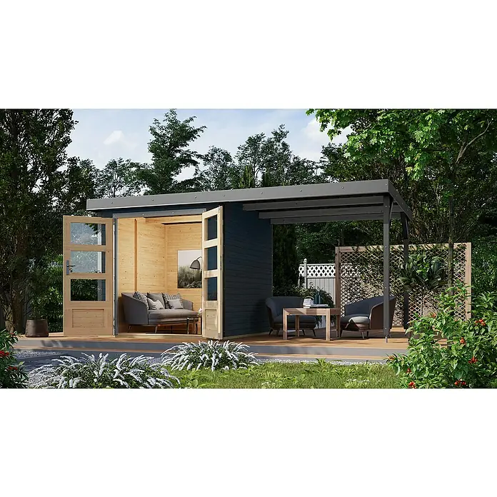 Karibu Gartenhaus Jupiter 2 C - Außenmaß inkl. Dachüberstand (B x T): 453 x 235 cm, Holz, Anthrazit/Wassergrau - Eine moderne Gartenlaube mit offenem Wohnbereich und überdachter Terrasse, umgeben von üppigem Grün.