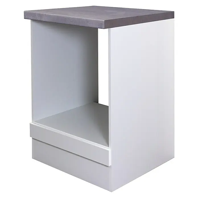 Flex-Well Rom  Herd-Umbauschrank - 60 x 60 x 86 cm, Weiß - Eine moderne, weiße Kücheninsel mit einer grauen Arbeitsplatte bietet Stauraum und eine stilvolle Ergänzung für jede Küche.