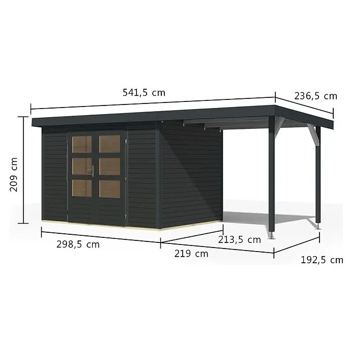 Karibu Gartenhaus Jupiter 4 C - Außenmaß inkl. Dachüberstand (B x T): 541,5 x 236,5 cm, Holz, Anthrazit, Mit Seitendach - Dunkelgraues Holzgartenhaus mit integriertem Carport und Doppeltüren.