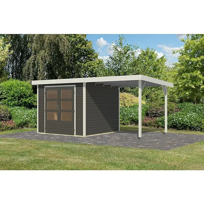 Karibu Gartenhaus Jupiter 3,5 B - Außenmaß inkl. Dachüberstand (B x T): 486,5 x 266,5 cm, Holz, Terragrau/Weiß, Mit Seitendach - Geräumiges Gartenhaus mit seitlichem Unterstand, ideal zur Lagerung von Gartengeräten und als Wetterschutz. Das Haus bietet viel Stauraum.