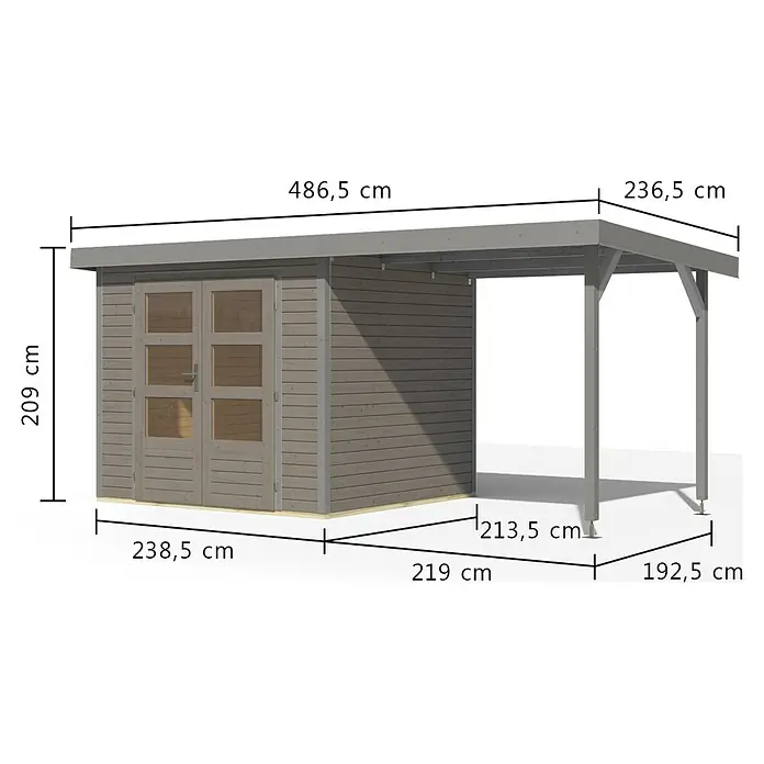 Karibu Gartenhaus Jupiter 3 D - Außenmaß inkl. Dachüberstand (B x T): 486,5 x 236,5 cm, Holz, Wassergrau/Grau - Grauer Holz-Gartenschuppen mit Doppeltüren und angebautem Carport, mit verschiedenen Maßen dargestellt.