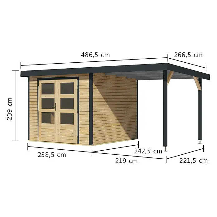 Karibu Gartenhaus Jupiter 3,5 A - Außenmaß inkl. Dachüberstand (B x T): 486,5 x 266,5 cm, Holz, Naturbelassen/Anthrazit, Mit Seitendach - Gartenhaus aus Holz mit integriertem dunkelgrauem Flachdach-Vordach, hellem Holzfinish und Doppeltüren.