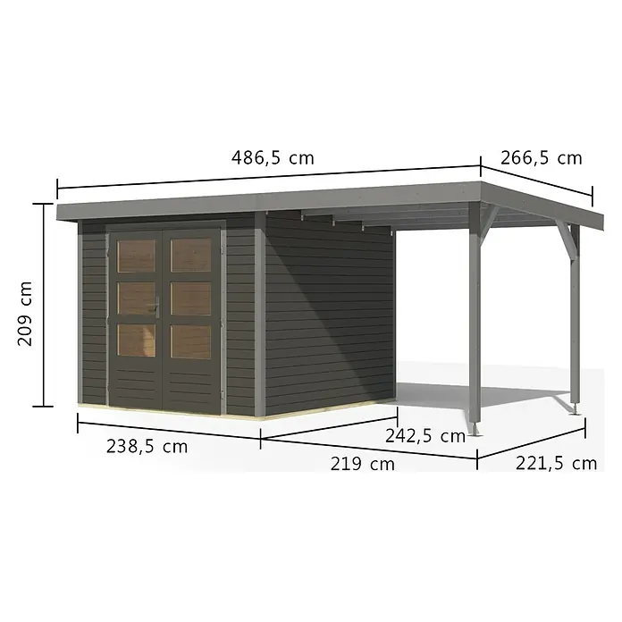 Karibu Gartenhaus Jupiter 3,5 B - Außenmaß inkl. Dachüberstand (B x T): 486,5 x 266,5 cm, Holz, Terragrau/Grau, Mit Seitendach - Anthrazitfarbener Gartenschuppen mit angebautem Carport. Hauptabmessungen: Gesamtlänge 486,5 cm, Höhe 209 cm, Schuppenbreite 238,5 cm.