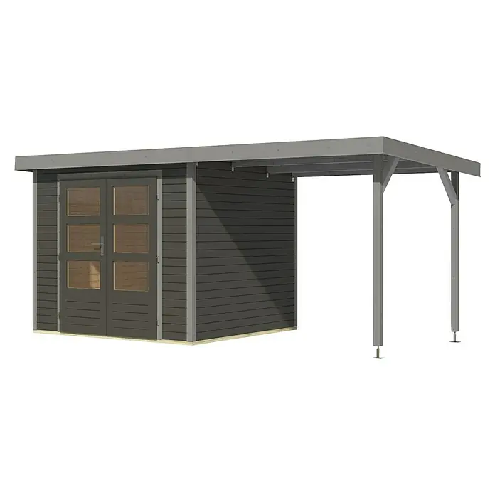 Karibu Gartenhaus Jupiter 3 B - Außenmaß inkl. Dachüberstand (B x T): 486,5 x 236,5 cm, Holz, Terragrau/Grau - Modernes Gartenhaus mit grauer Fassade, Doppeltür und Carport-Anbau für zusätzlichen Stauraum und Wetterschutz im Außenbereich.
