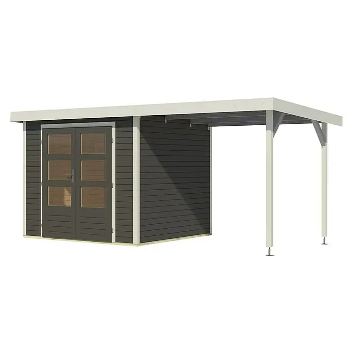 Karibu Gartenhaus Jupiter 3 B - Außenmaß inkl. Dachüberstand (B x T): 486,5 x 236,5 cm, Holz, Terragrau/Weiß - Moderne Gartenlaube mit Doppeltür und überdachtem Bereich. Das dunkle Holz und die hellen Akzente verleihen ein zeitgemäßes Aussehen.