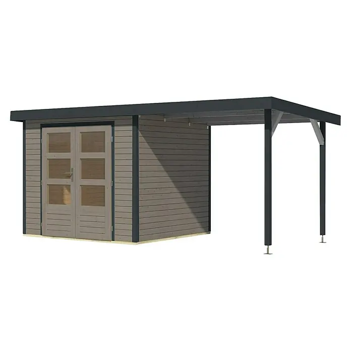 Karibu Gartenhaus Jupiter 3 D - Außenmaß inkl. Dachüberstand (B x T): 486,5 x 236,5 cm, Holz, Wassergrau/Anthrazit - Ein hellgraues Gartenhaus mit Doppeltür und überdachtem Anbau, ideal für Gartenutensilien und als Unterstand für Geräte.