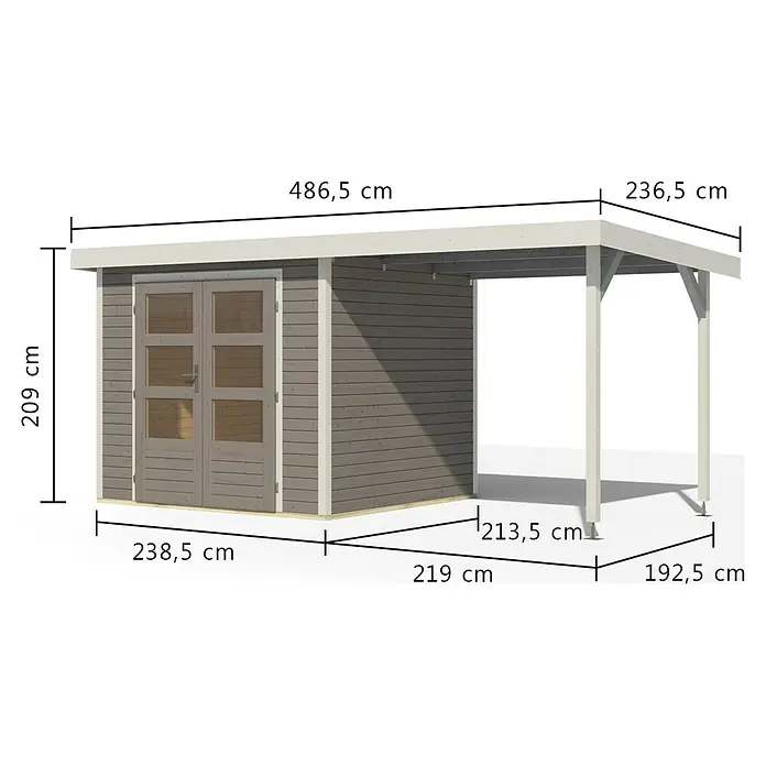 Karibu Gartenhaus Jupiter 3 D - Außenmaß inkl. Dachüberstand (B x T): 486,5 x 236,5 cm, Holz, Wassergrau/Weiß - Braunes Gartenhaus aus Holz mit Doppeltüren und einem angebauten weiß gerahmten Carport.
